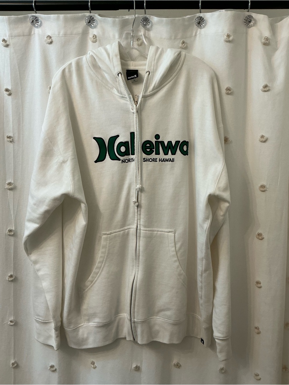 Hurley White Zip-Up Hoodie with Green Logo and Text